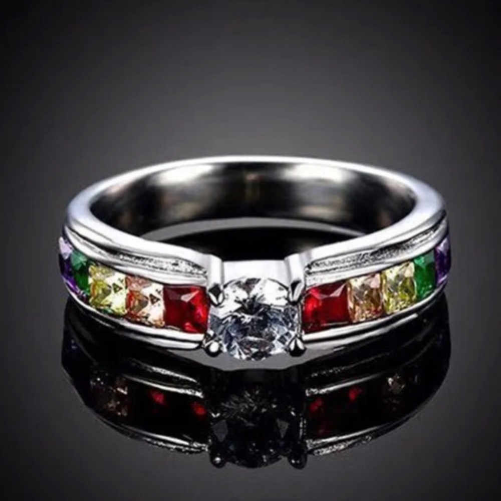 Clearance! New Colorful rainbow CZ princess square simulated baguette stone ring